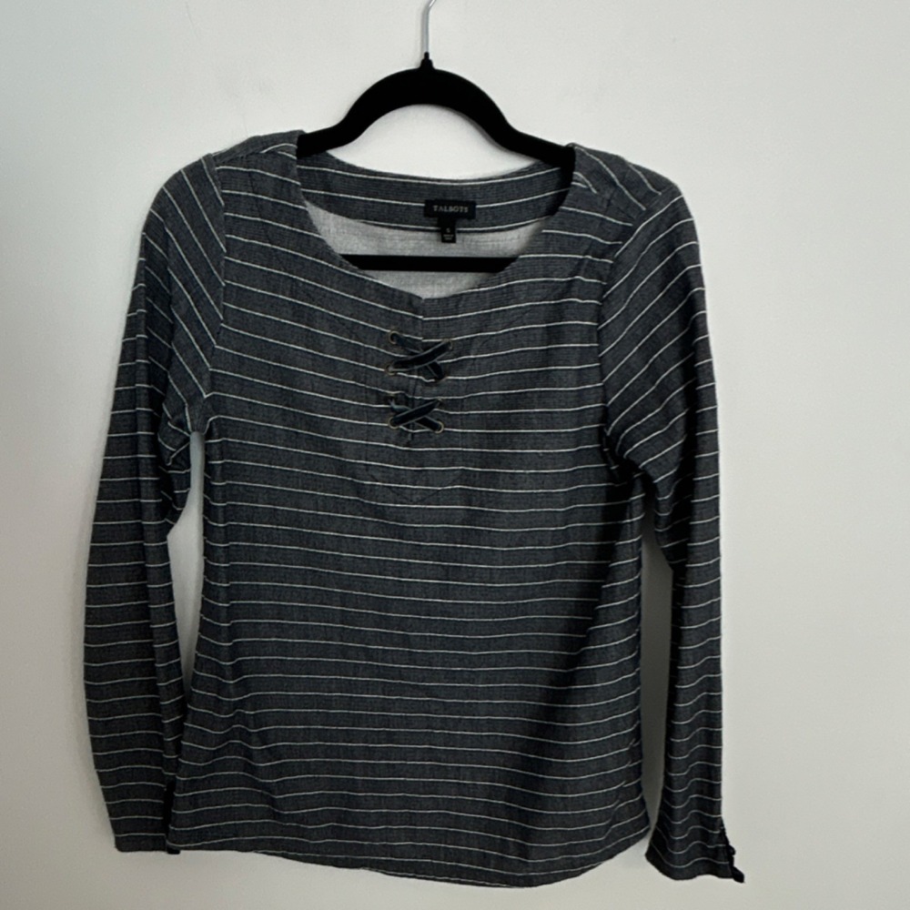 Talbots Striped Knit Lace-Up Long Sleeve Blouse Gray White S Cotton Women's‎